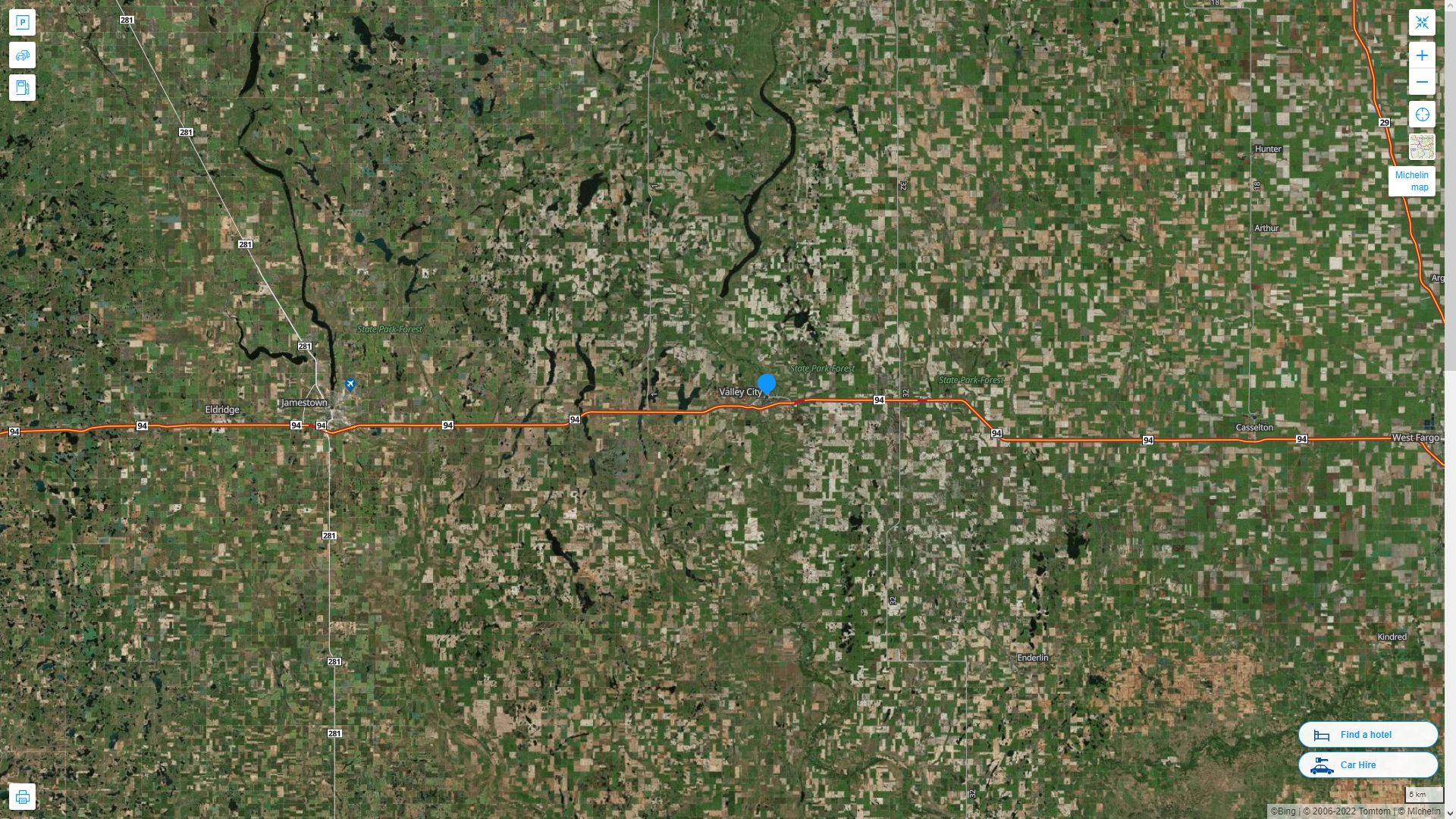 Valley City North Dakota Highway and Road Map with Satellite View